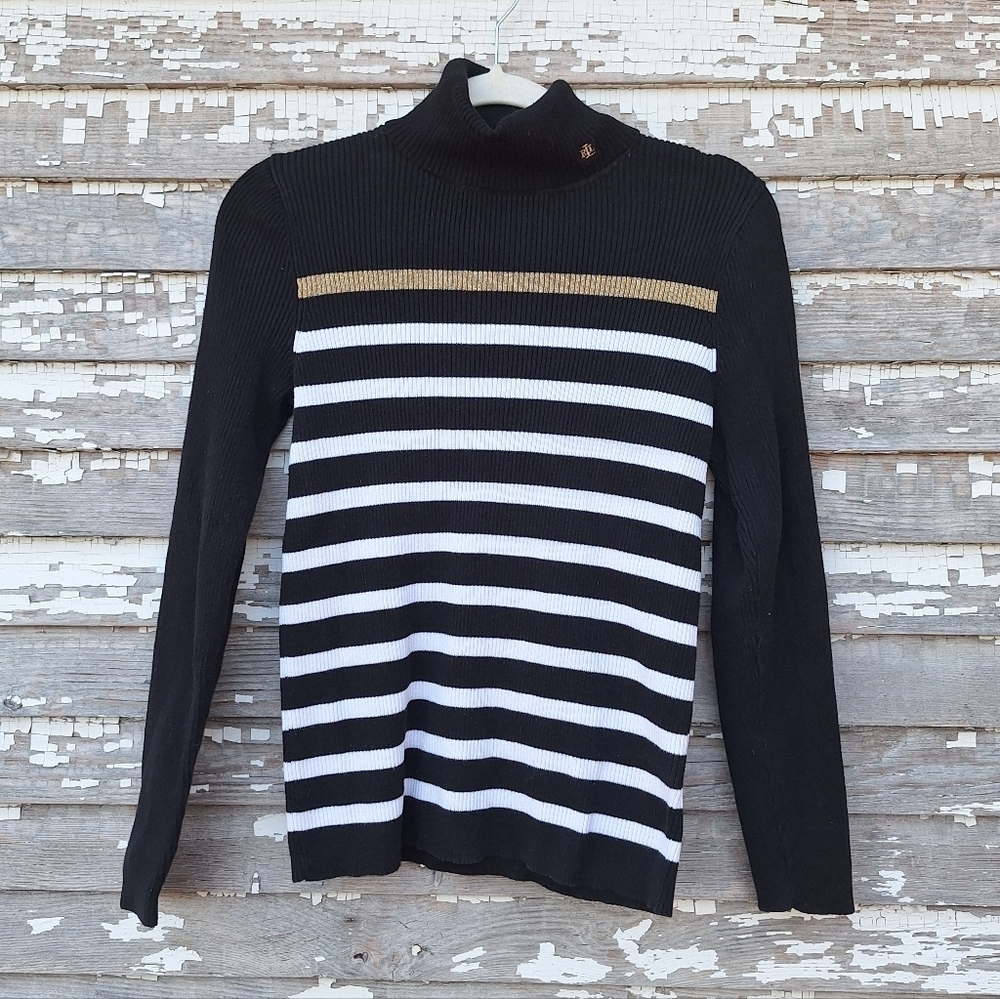 Ralph Lauren Turtleneck Sweater Women's Metallic Stripe Ribbed Logo Size Large